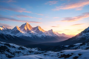 Fototapeta premium Snowy Mountain Peaks at Sunrise – Glowing Alpine Ridge in Morning Light