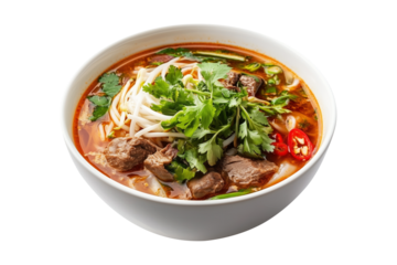 Vietnamese beef noodle soup Bun Bo Hue with fresh herbs, lime slice, and rice noodles in broth isolated on white transparent background, concept of Asian cuisine