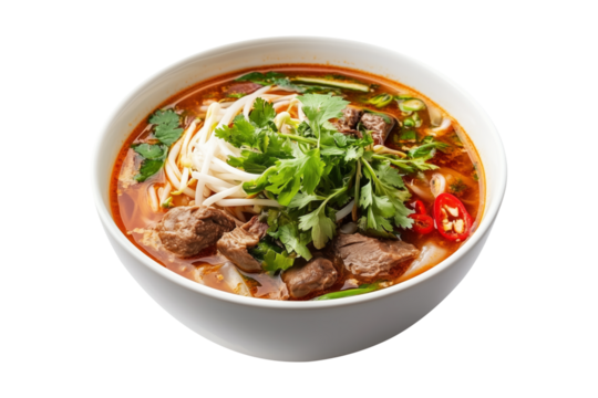 Vietnamese beef noodle soup Bun Bo Hue with fresh herbs, lime slice, and rice noodles in broth isolated on white transparent background, concept of Asian cuisine