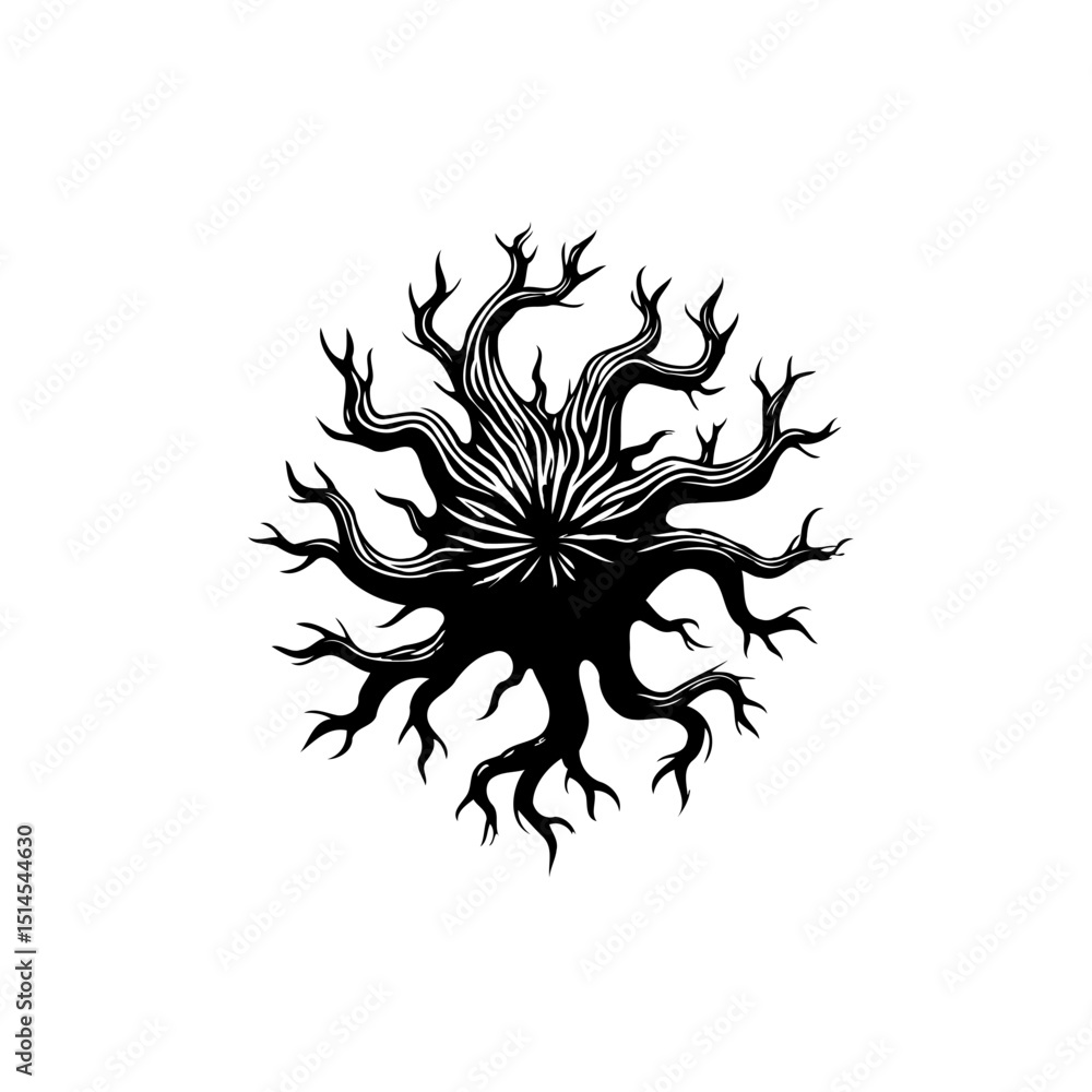 Poster stylized black and white illustration of a tree with multiple branches forming a circular shape