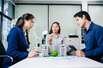 Business team working virtual modern smartphone to reduce CO2 emissions carbon footprint climate change in office