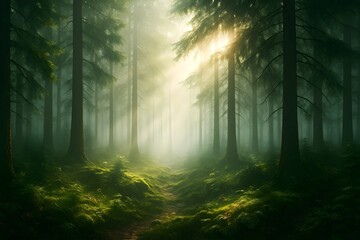 Obraz premium Misty Forest Path – Ethereal Morning Light through Dense Pine Trees
