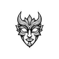 Abstract illustration of a horned mask with intricate line work and monochrome design