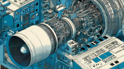 retro advertisement for interstellar tourism | rationality in space | quiet determination | metallic greys and cyans | isometric technical view | control panel arrays | engine cross-section view |