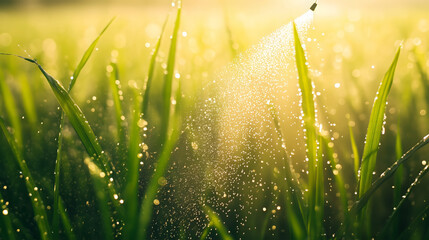 Obraz premium Close-up of mist spray from drone nozzle over green rice plants 