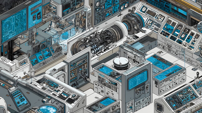 retro advertisement for interstellar tourism | rationality in space | quiet determination | metallic greys and cyans | isometric technical view | control panel arrays | engine cross-section view |