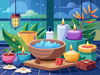 vector of Home spa experience with salt in a wooden bowl in the bathroom, scented candles and skin care products in a calm environment in the bathroom...
