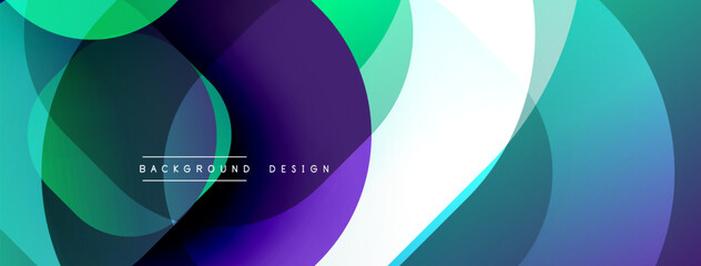 Abstract circles overlap, creating vibrant gradients. Teal, purple, green hues dominate design. Modern, dynamic visual composition.