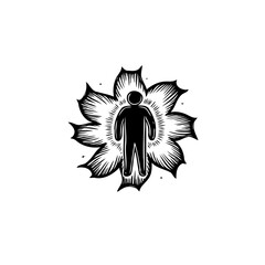 Abstract depiction of human figure emanating from the center of a stylized flower
