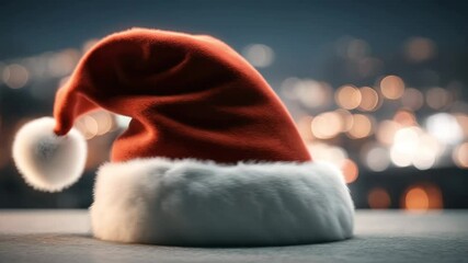 Santa Claus hat on bokeh lights background. Santa hat with xmas lights shining. Merry Christmas holiday concept. Lights flickering - Powered by Adobe