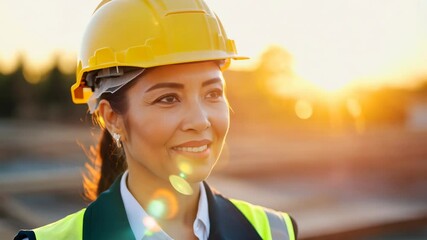 Smiling Asian female supervisor with clipboard on construction site. The Asian female supervisor promotes safety, smiling as she discusses protocols with her team. - Powered by Adobe