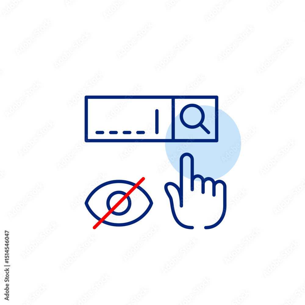 Poster vector icon of search bar with click and crossed-out eye, symbolizing hidden search, private browsin