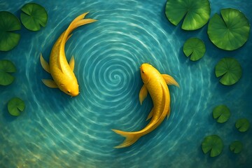 Golden Koi in Spiral Pond &ndash; Zen-Inspired Illustration with Lily Pads and Ripples