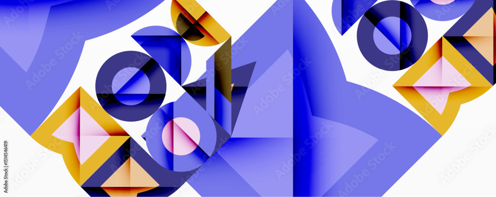 Poster abstract geometric composition. shapes overlap, creating dynamic visual effect. blue, gold, pink hue