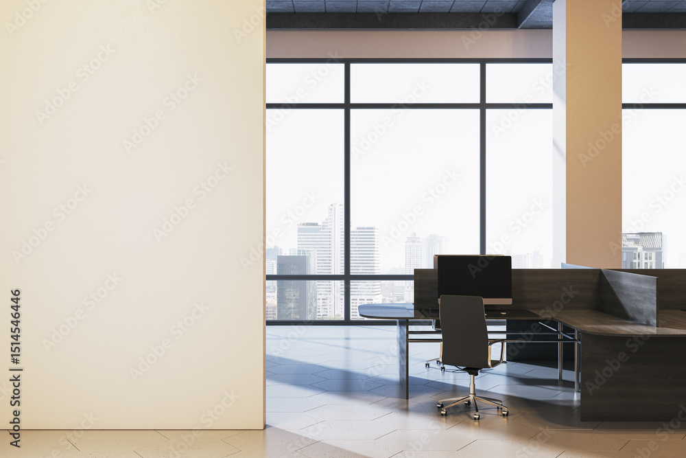 Poster blank vertical wall in modern office interior with clean workspace and city view through large windo