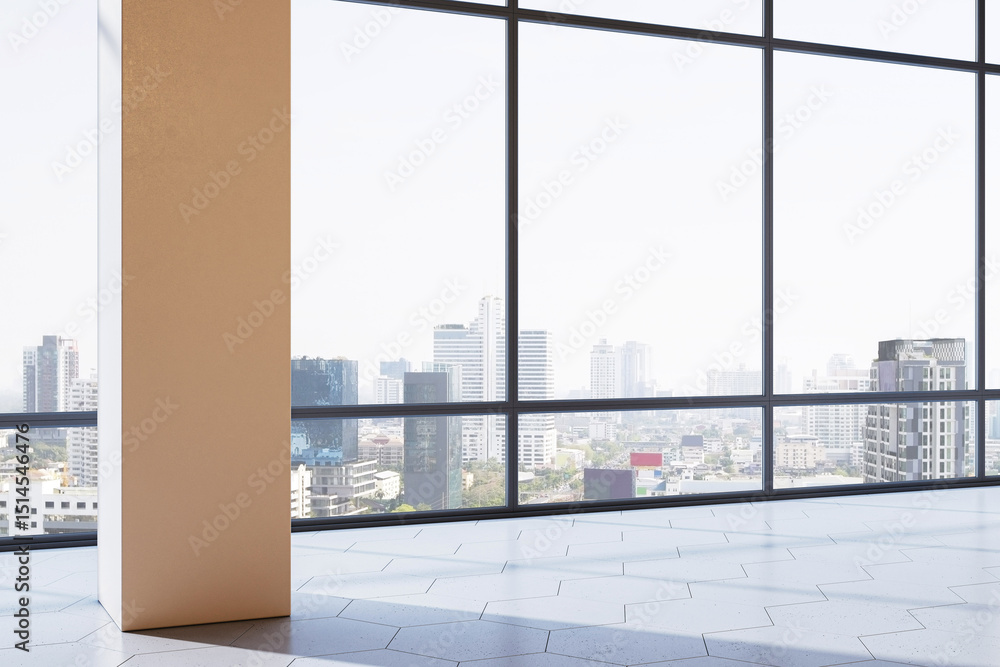 Poster Modern interior with large glass windows showing cityscape view and natural light reflection on geometric tiled floor background. 3D Rendering