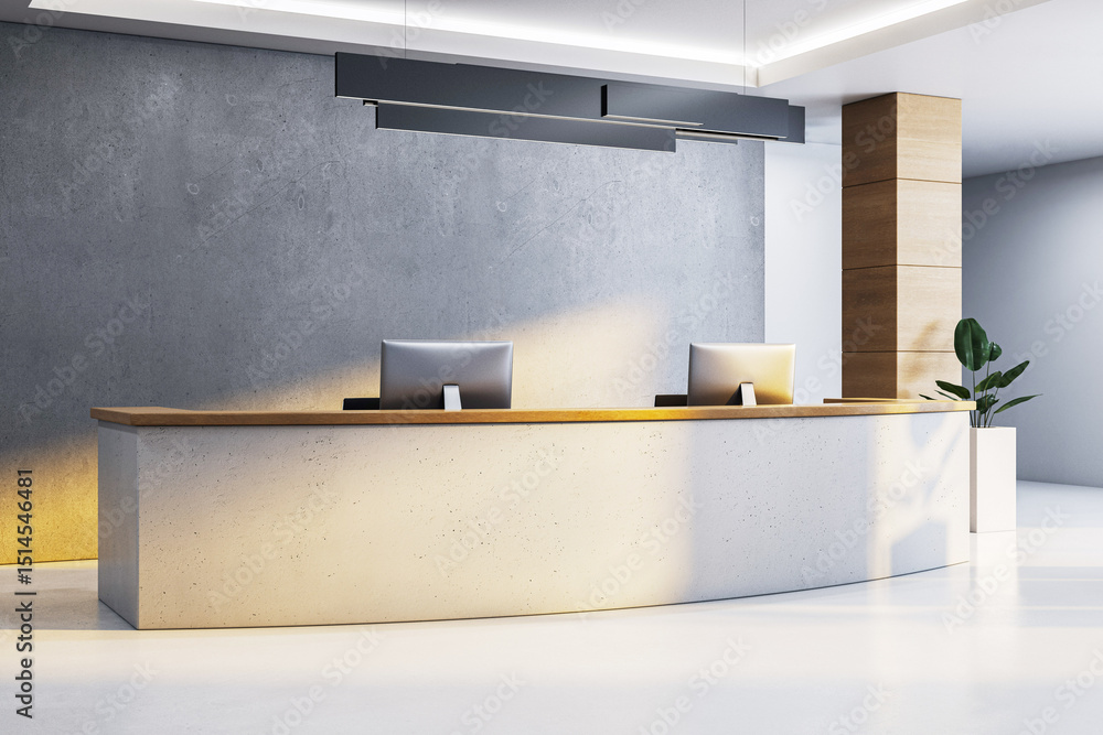 Poster Modern reception desk with dual monitors in minimalist office interior featuring wood and concrete elements under ceiling lights and clean background. 3D Rendering