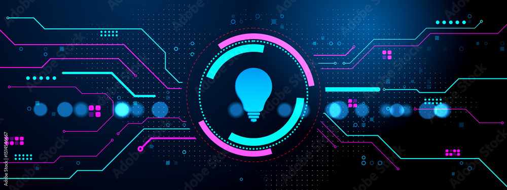 Poster Glowing blue lightbulb symbol in futuristic circuit design on dark blue digital background representing innovation and modern technology concept. 3D Rendering