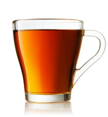 transparent glass cup with black tea isolated on white background