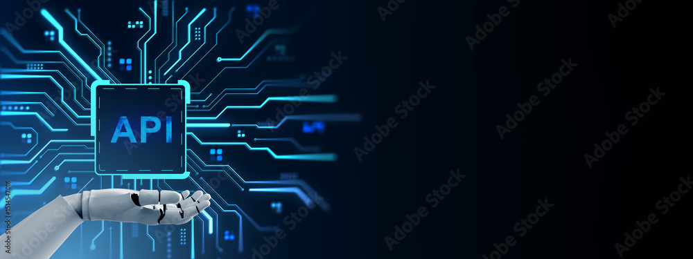 Fototapete Robotic hand supporting digital API interface with glowing circuit lines on futuristic dark tech background concept of artificial intelligence integration. 3D Rendering