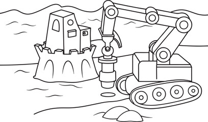 Robot Building a Sandcastle Coloring Page – Beach Scene Line Art for Kids