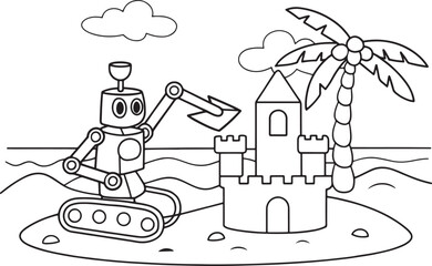 Robot Building Sandcastle on Tropical Beach Coloring Page