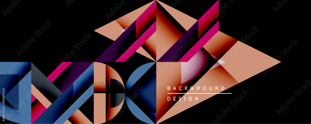 Poster abstract geometric composition. vivid gradients form triangular shapes against dark backdrop. modern