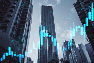 Financial market graph overlay on modern city skyline with tall buildings and digital stock chart...