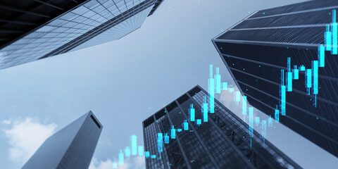 Skyscrapers with digital stock market graph overlay representing growth, investment, and urban financial background concept in blue tones.