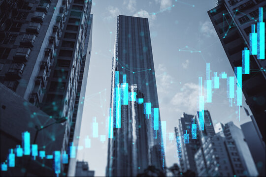 Financial market graph overlay on modern city skyline with tall buildings and digital stock chart symbols under bright daylight sky background.