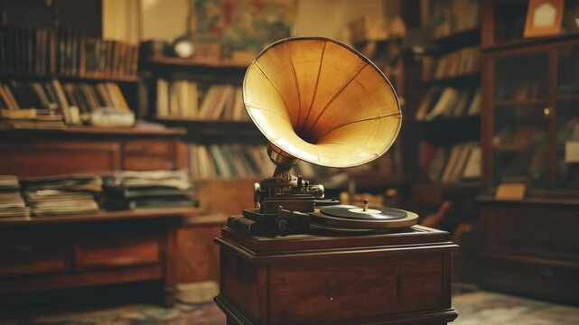 Antique phonograph on a wooden cabinet in a vintage room setting.