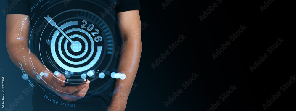 Poster person holding smartphone with digital 2026 target goal interface on dark gradient background, conce