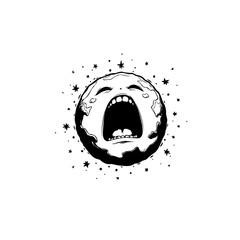 Expressive cartoon moon face screaming surrounded by stars in monochrome design © rinie yuniartini