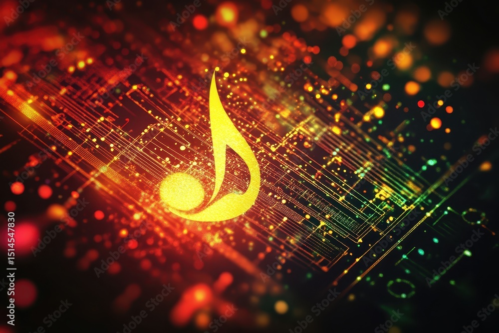 Poster vivid abstract representation of a central music note with colorful background, central music note i
