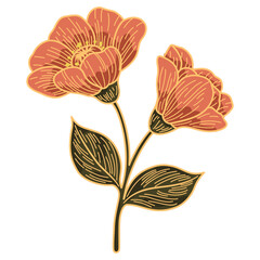 Vintage Hand-Drawn Floral Illustration &ndash; Botanical Line Art of Blooming Flowers and Leaves