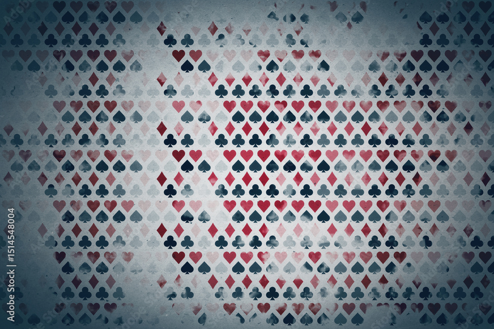 Aufkleber Repeating pattern of playing card suits with vintage texture on faded grunge backdrop forming abstract modern background concept design wallpaper. 3D Rendering