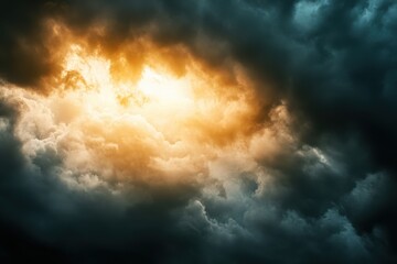 Sunlight breaking through dark stormy clouds during a dramatic weather shift, Sunlight Breaking Through Dark Stormy Clouds in Sky