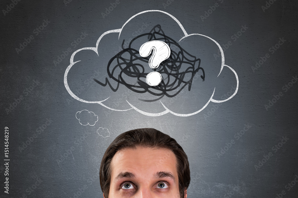 Poster Person looking up with confused expression and question mark cloud drawn above head on chalkboard background representing thought and uncertainty.