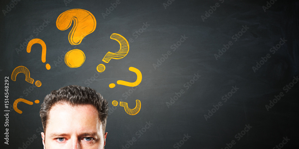 Aufkleber Man with questioning expression in front of chalkboard with multiple yellow question marks around his head, symbolizing confusion or doubt.