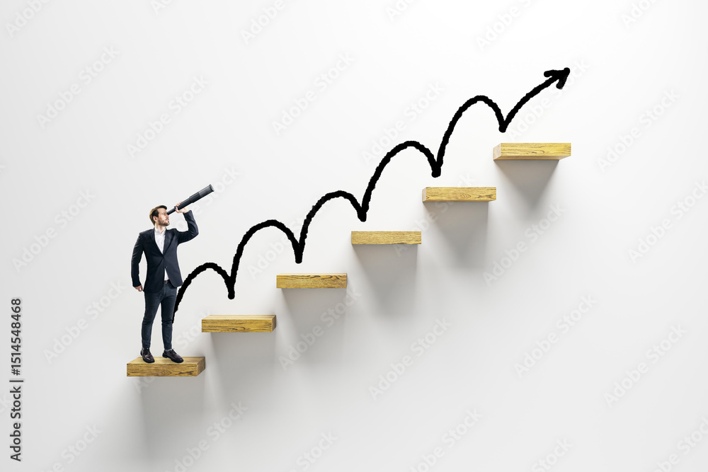 Poster businessman on staircase looking through telescope with upward arrow representing growth and future 