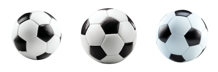 Three classic black and white soccer balls with distinct pentagon and hexagon patterns are displayed side by side