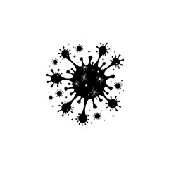 Black and white illustration of a coronavirus cell spreading with smaller cells