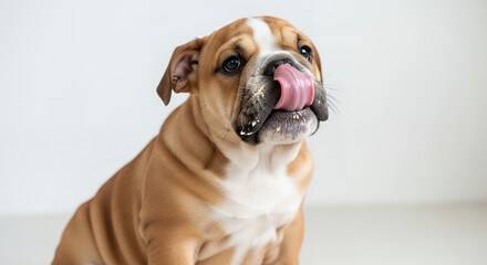 Fototapeta premium Cute English Bulldog puppy licking its lips with a playful expression against a plain background