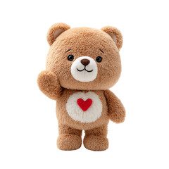 Obraz premium Cute brown teddy bear plush toy with a red heart on its belly, smiling and raising one paw in a friendly gesture