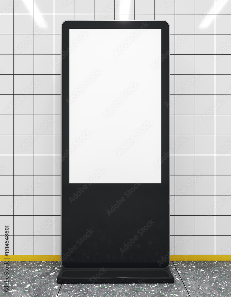 Poster Vertical digital advertising screen mockup in empty subway corridor with clean tiled wall and blank display for branding or promotional design. 3D Rendering