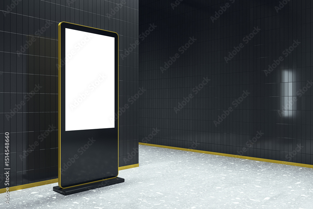 Poster vertical digital advertising display mockup in modern black-tiled corridor with blank white screen f