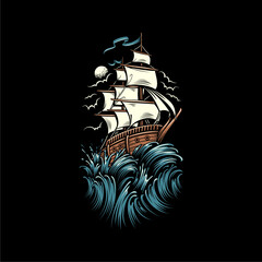 Sailing Ship in Stormy Sea. © Tuyul