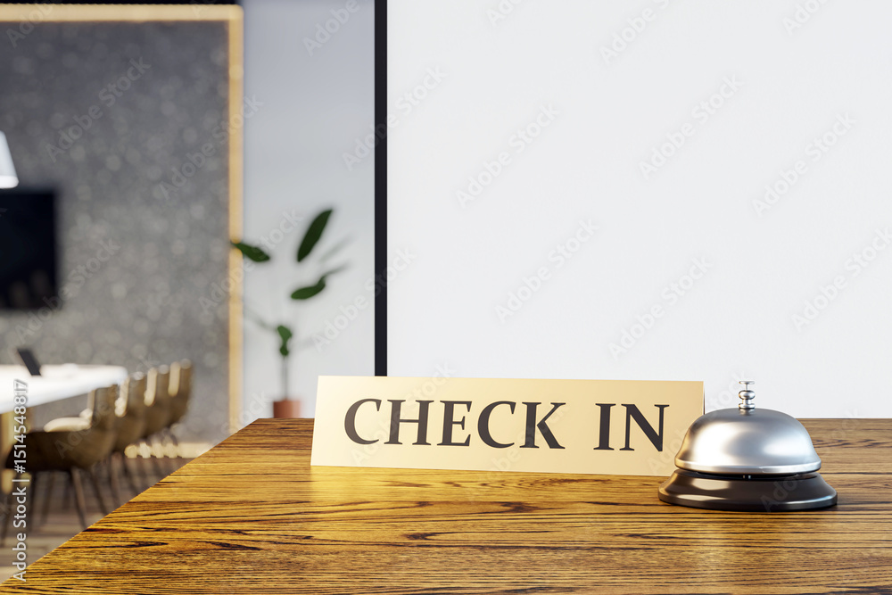 Poster hotel reception desk with check-in sign and service bell on wooden counter in modern office interior