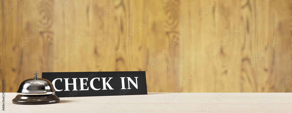Poster hotel reception desk with check-in sign and service bell on wooden counter inside a modern interior 