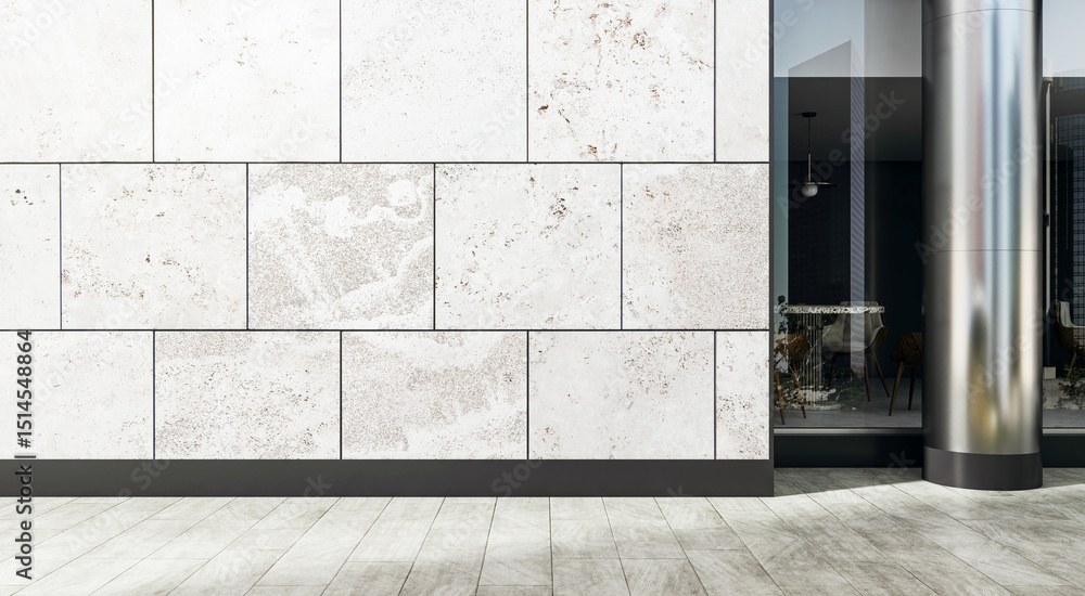 Poster modern stone wall with blank tile facade and glass storefront in commercial building exterior with c
